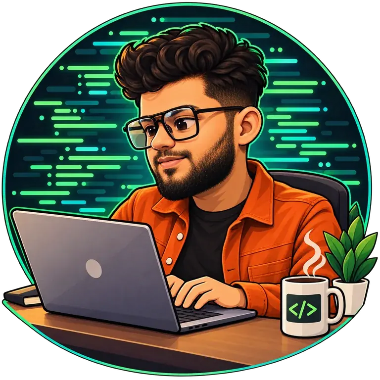 Illustration of Jasir K coding on a laptop